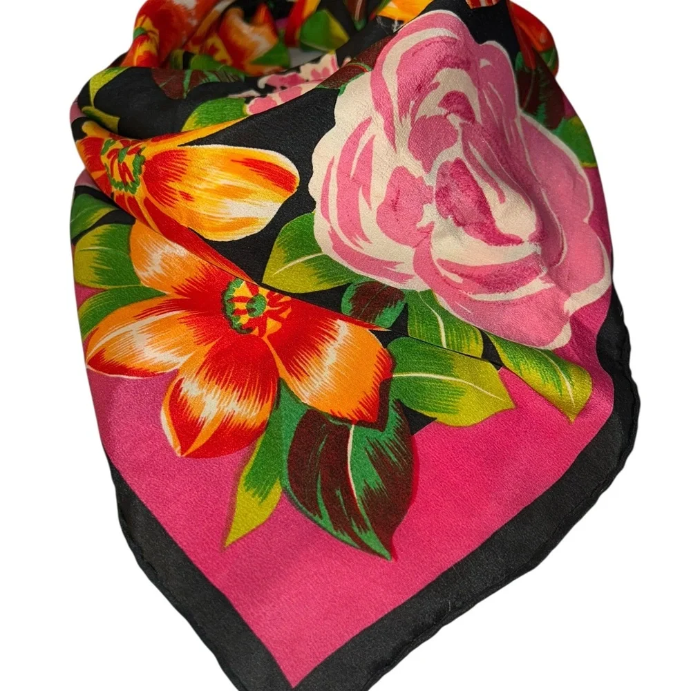Vintage 100% SILK bright Spring Flowers roses print scarf 34